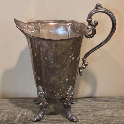 LOT 92 W: Vintage Silver Plated Pitcher, Serving Tray, Plate, Bowl & Wooden Handle Chafing Dish W/Jeweled Paper Mache` Fruit