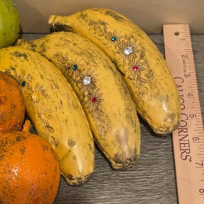 LOT 92 W: Vintage Silver Plated Pitcher, Serving Tray, Plate, Bowl & Wooden Handle Chafing Dish W/Jeweled Paper Mache` Fruit