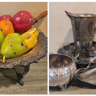 LOT 92 W: Vintage Silver Plated Pitcher, Serving Tray, Plate, Bowl & Wooden Handle Chafing Dish W/Jeweled Paper Mache` Fruit