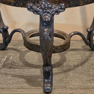 LOT 92 W: Vintage Silver Plated Pitcher, Serving Tray, Plate, Bowl & Wooden Handle Chafing Dish W/Jeweled Paper Mache` Fruit