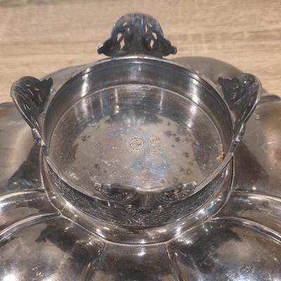LOT 92 W: Vintage Silver Plated Pitcher, Serving Tray, Plate, Bowl & Wooden Handle Chafing Dish W/Jeweled Paper Mache` Fruit