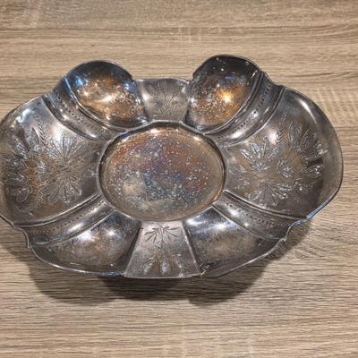 LOT 92 W: Vintage Silver Plated Pitcher, Serving Tray, Plate, Bowl & Wooden Handle Chafing Dish W/Jeweled Paper Mache` Fruit
