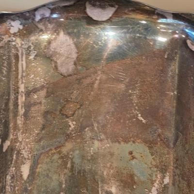 LOT 92 W: Vintage Silver Plated Pitcher, Serving Tray, Plate, Bowl & Wooden Handle Chafing Dish W/Jeweled Paper Mache` Fruit