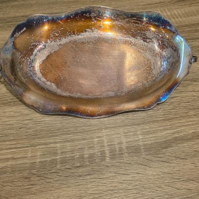 LOT 92 W: Vintage Silver Plated Pitcher, Serving Tray, Plate, Bowl & Wooden Handle Chafing Dish W/Jeweled Paper Mache` Fruit