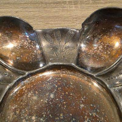 LOT 92 W: Vintage Silver Plated Pitcher, Serving Tray, Plate, Bowl & Wooden Handle Chafing Dish W/Jeweled Paper Mache` Fruit