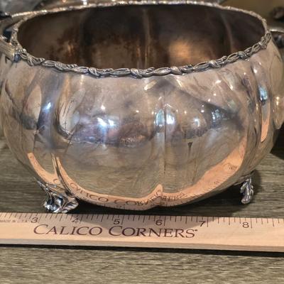 LOT 92 W: Vintage Silver Plated Pitcher, Serving Tray, Plate, Bowl & Wooden Handle Chafing Dish W/Jeweled Paper Mache` Fruit