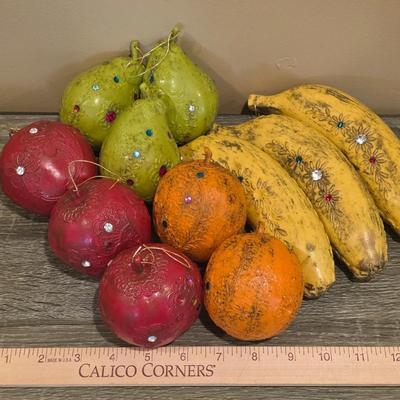 LOT 92 W: Vintage Silver Plated Pitcher, Serving Tray, Plate, Bowl & Wooden Handle Chafing Dish W/Jeweled Paper Mache` Fruit