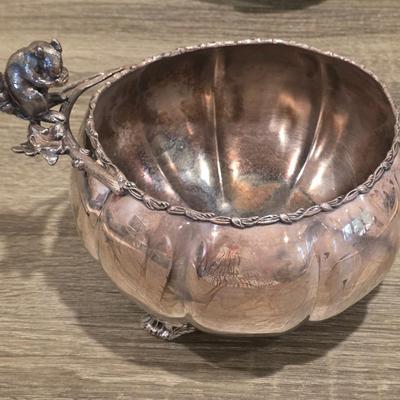 LOT 92 W: Vintage Silver Plated Pitcher, Serving Tray, Plate, Bowl & Wooden Handle Chafing Dish W/Jeweled Paper Mache` Fruit
