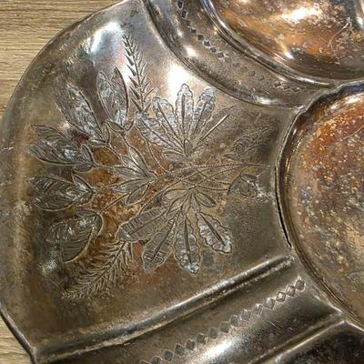 LOT 92 W: Vintage Silver Plated Pitcher, Serving Tray, Plate, Bowl & Wooden Handle Chafing Dish W/Jeweled Paper Mache` Fruit