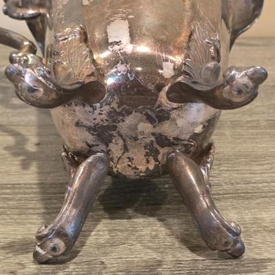 LOT 92 W: Vintage Silver Plated Pitcher, Serving Tray, Plate, Bowl & Wooden Handle Chafing Dish W/Jeweled Paper Mache` Fruit