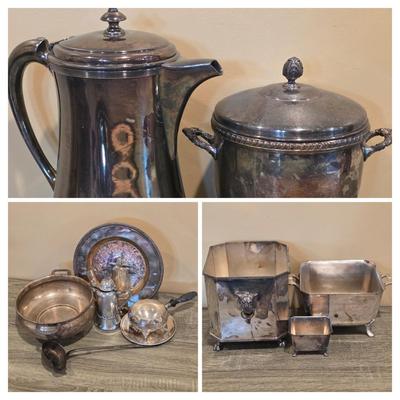 LOT 94K: Collection Of Silver-Plated Coffee/Teapot, Ice Bucket, Dishes, Bowls & More