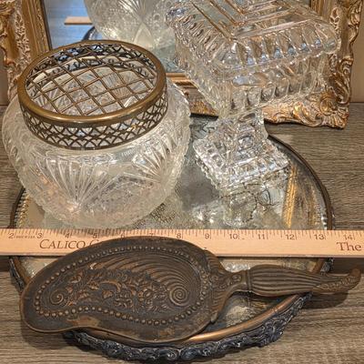 LOT 37D: Vintage Vanity Accessories, Brilliant Cut Glass Jar & Pedestal Gold Accented Jar W/Lid, Nouveau Brass Hand Mirror, Round...