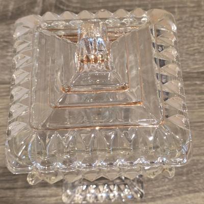 LOT 37D: Vintage Vanity Accessories, Brilliant Cut Glass Jar & Pedestal Gold Accented Jar W/Lid, Nouveau Brass Hand Mirror, Round...