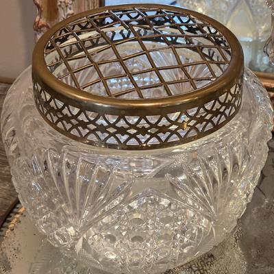 LOT 37D: Vintage Vanity Accessories, Brilliant Cut Glass Jar & Pedestal Gold Accented Jar W/Lid, Nouveau Brass Hand Mirror, Round...