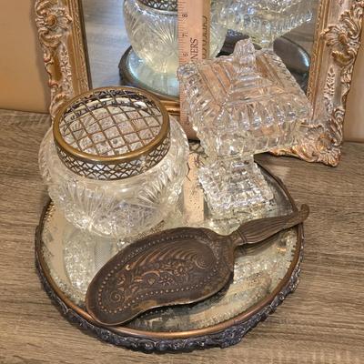 LOT 37D: Vintage Vanity Accessories, Brilliant Cut Glass Jar & Pedestal Gold Accented Jar W/Lid, Nouveau Brass Hand Mirror, Round...