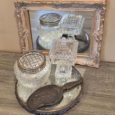 LOT 37D: Vintage Vanity Accessories, Brilliant Cut Glass Jar & Pedestal Gold Accented Jar W/Lid, Nouveau Brass Hand Mirror, Round...