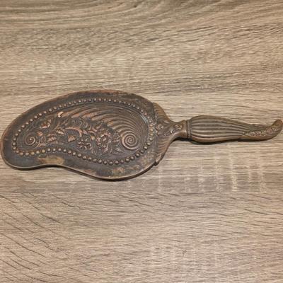 LOT 37D: Vintage Vanity Accessories, Brilliant Cut Glass Jar & Pedestal Gold Accented Jar W/Lid, Nouveau Brass Hand Mirror, Round...