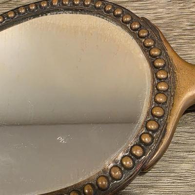 LOT 37D: Vintage Vanity Accessories, Brilliant Cut Glass Jar & Pedestal Gold Accented Jar W/Lid, Nouveau Brass Hand Mirror, Round...