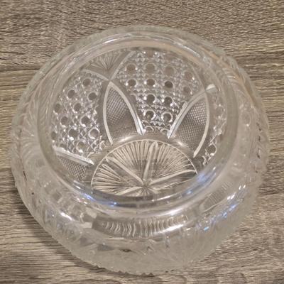 LOT 37D: Vintage Vanity Accessories, Brilliant Cut Glass Jar & Pedestal Gold Accented Jar W/Lid, Nouveau Brass Hand Mirror, Round...