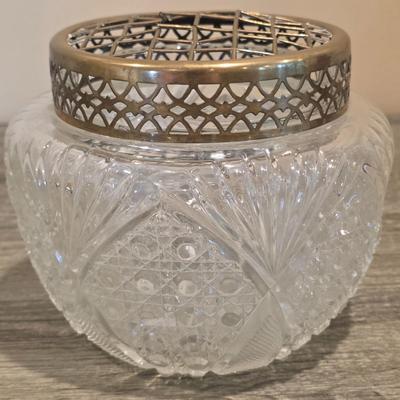 LOT 37D: Vintage Vanity Accessories, Brilliant Cut Glass Jar & Pedestal Gold Accented Jar W/Lid, Nouveau Brass Hand Mirror, Round...