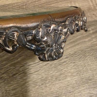 LOT 37D: Vintage Vanity Accessories, Brilliant Cut Glass Jar & Pedestal Gold Accented Jar W/Lid, Nouveau Brass Hand Mirror, Round...