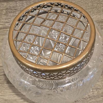 LOT 37D: Vintage Vanity Accessories, Brilliant Cut Glass Jar & Pedestal Gold Accented Jar W/Lid, Nouveau Brass Hand Mirror, Round...