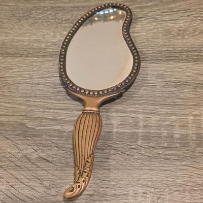 LOT 37D: Vintage Vanity Accessories, Brilliant Cut Glass Jar & Pedestal Gold Accented Jar W/Lid, Nouveau Brass Hand Mirror, Round...