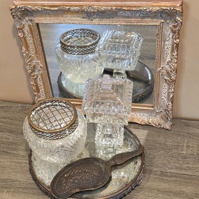 LOT 37D: Vintage Vanity Accessories, Brilliant Cut Glass Jar & Pedestal Gold Accented Jar W/Lid, Nouveau Brass Hand Mirror, Round...