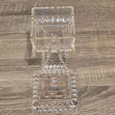 LOT 37D: Vintage Vanity Accessories, Brilliant Cut Glass Jar & Pedestal Gold Accented Jar W/Lid, Nouveau Brass Hand Mirror, Round...