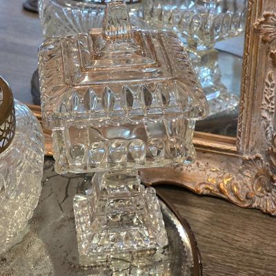 LOT 37D: Vintage Vanity Accessories, Brilliant Cut Glass Jar & Pedestal Gold Accented Jar W/Lid, Nouveau Brass Hand Mirror, Round...