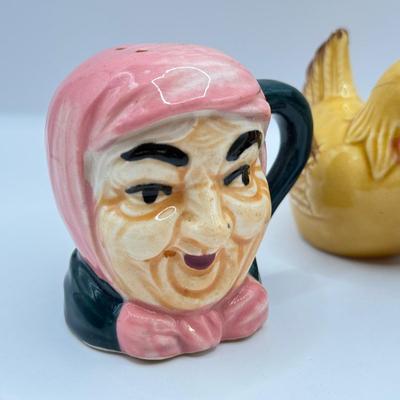 LOT 101K: Vintage Mini Toby Mugs, Purple Cabbage Sugar Bowl Creamer Set & Bake Rite Canister