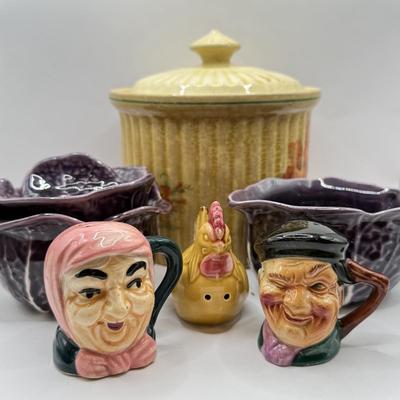 LOT 101K: Vintage Mini Toby Mugs, Purple Cabbage Sugar Bowl Creamer Set & Bake Rite Canister