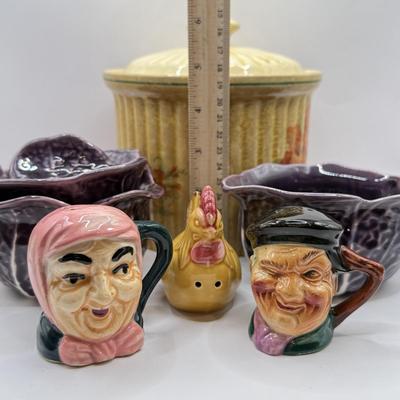 LOT 101K: Vintage Mini Toby Mugs, Purple Cabbage Sugar Bowl Creamer Set & Bake Rite Canister