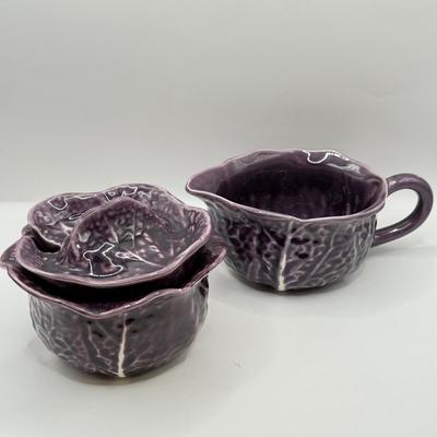LOT 101K: Vintage Mini Toby Mugs, Purple Cabbage Sugar Bowl Creamer Set & Bake Rite Canister