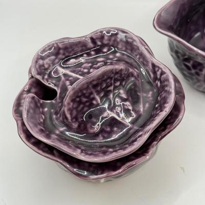 LOT 101K: Vintage Mini Toby Mugs, Purple Cabbage Sugar Bowl Creamer Set & Bake Rite Canister