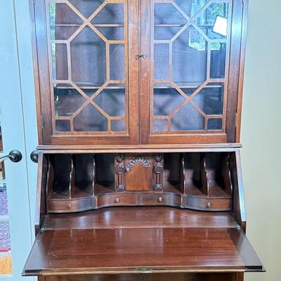 LOT 102L: 1940s Maddox Tables Tambour Door Drop Front Mahogany Secretary Desk w/ Keys