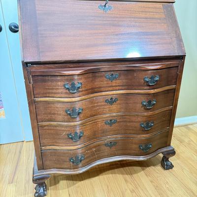 LOT 102L: 1940s Maddox Tables Tambour Door Drop Front Mahogany Secretary Desk w/ Keys