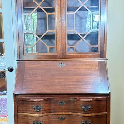 LOT 102L: 1940s Maddox Tables Tambour Door Drop Front Mahogany Secretary Desk w/ Keys