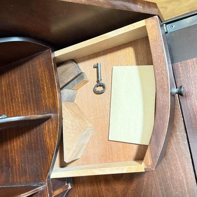 LOT 102L: 1940s Maddox Tables Tambour Door Drop Front Mahogany Secretary Desk w/ Keys