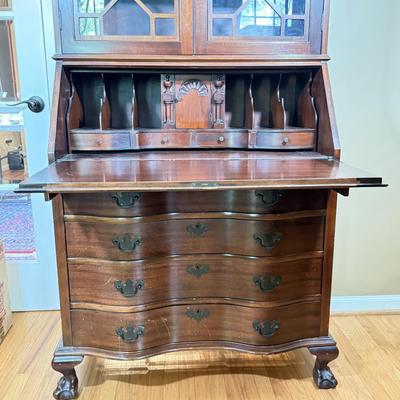 LOT 102L: 1940s Maddox Tables Tambour Door Drop Front Mahogany Secretary Desk w/ Keys