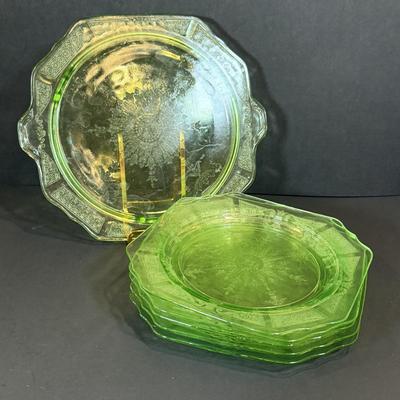 LOT 114K: Vintage Uranium Glass: Footed Platter & Five Plates