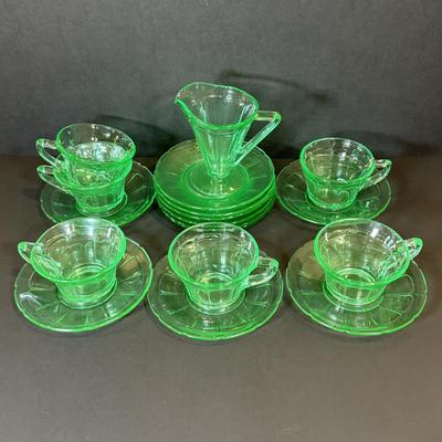 LOT 117W: Vintage Uranium Glass Teacups, Saucers, Dessert Plates & Creamer