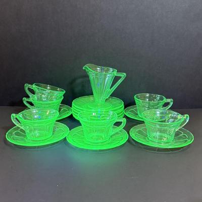 LOT 117W: Vintage Uranium Glass Teacups, Saucers, Dessert Plates & Creamer