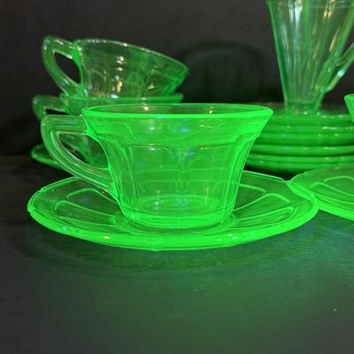LOT 117W: Vintage Uranium Glass Teacups, Saucers, Dessert Plates & Creamer