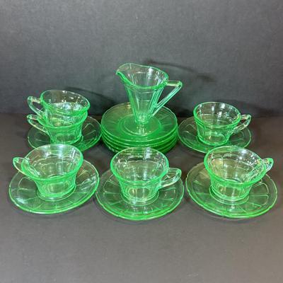LOT 117W: Vintage Uranium Glass Teacups, Saucers, Dessert Plates & Creamer