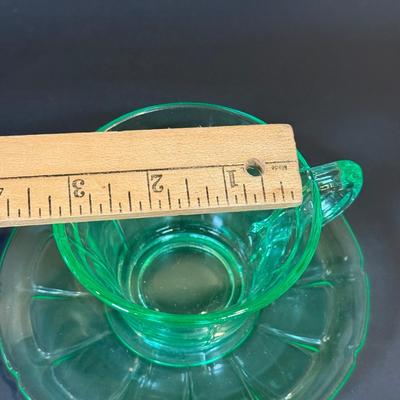 LOT 117W: Vintage Uranium Glass Teacups, Saucers, Dessert Plates & Creamer