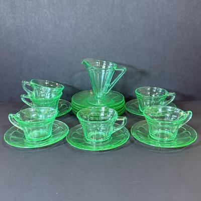 LOT 117W: Vintage Uranium Glass Teacups, Saucers, Dessert Plates & Creamer
