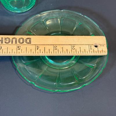 LOT 117W: Vintage Uranium Glass Teacups, Saucers, Dessert Plates & Creamer