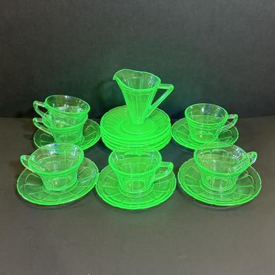 LOT 117W: Vintage Uranium Glass Teacups, Saucers, Dessert Plates & Creamer