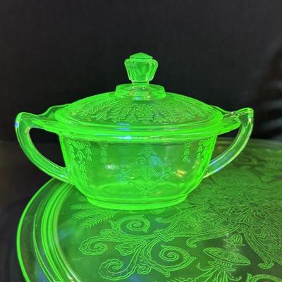 LOT 119W: Vintage Uranium Glass Collection: Sugar Bowls, Plates & Platter